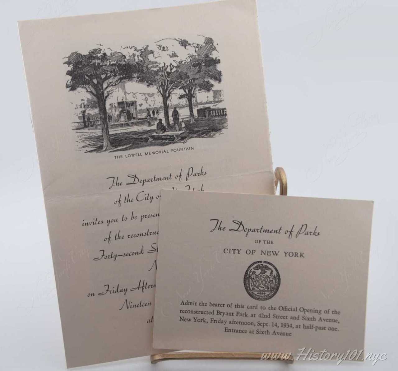 History101.NYC Acquires Original Invitations to 1934 Bryant Park Reopening #0