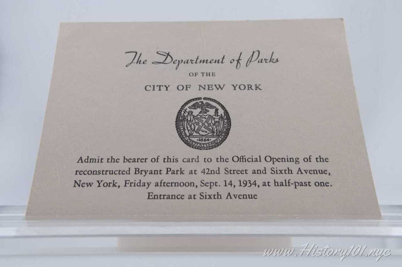 History101.NYC Acquires Original Invitations to 1934 Bryant Park Reopening #1