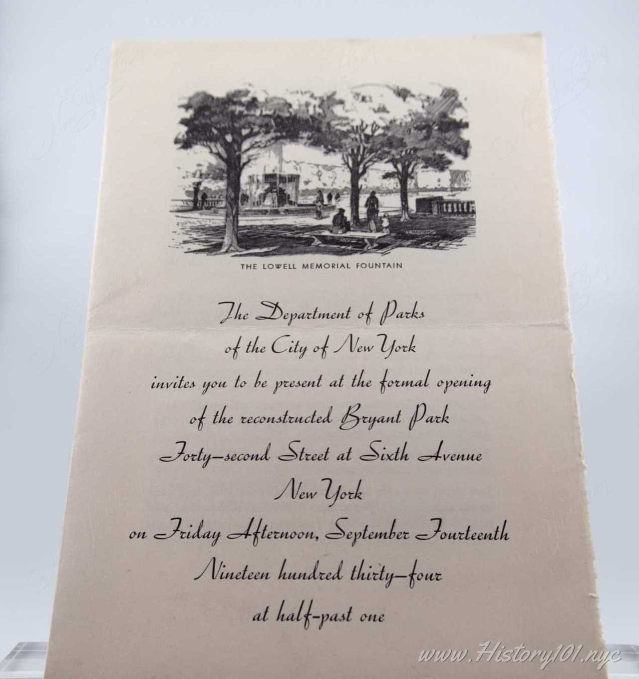 History101.NYC Acquires Original Invitations to 1934 Bryant Park Reopening #2