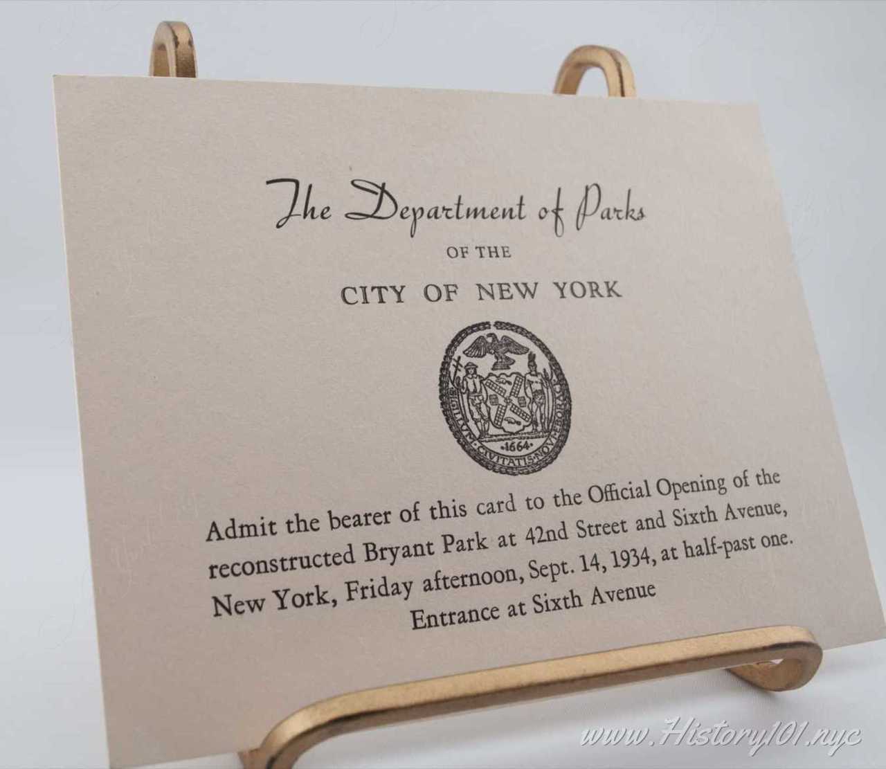 History101.NYC Acquires Original Invitations to 1934 Bryant Park Reopening #6