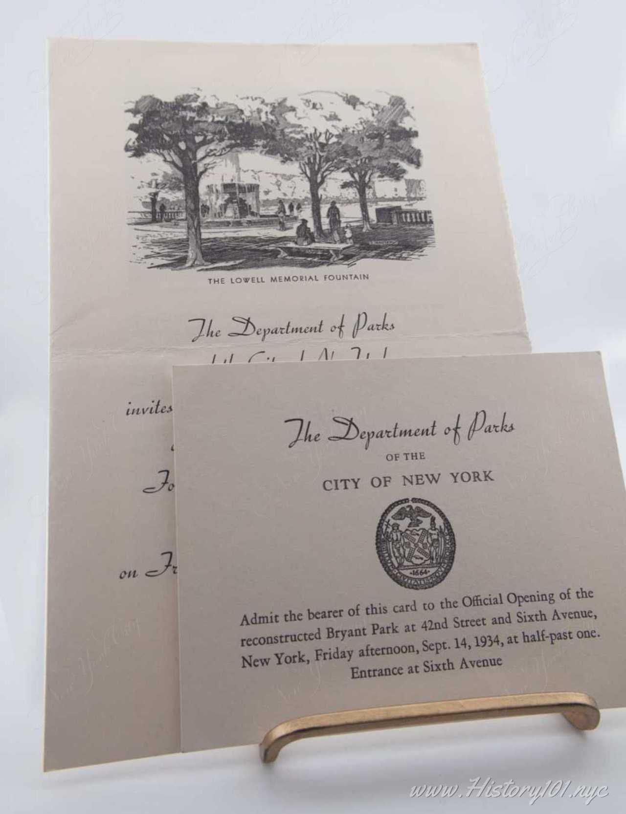 History101.NYC Acquires Original Invitations to 1934 Bryant Park Reopening #7