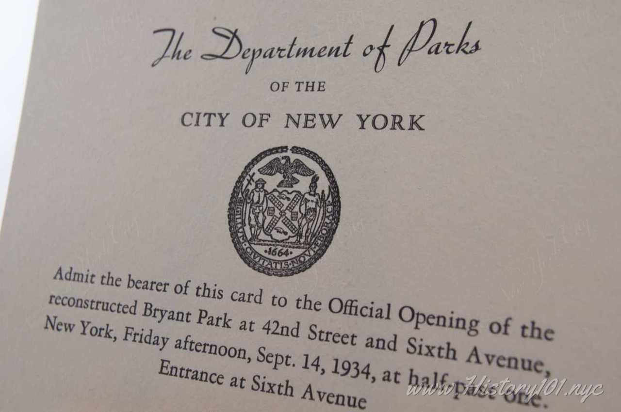 History101.NYC Acquires Original Invitations to 1934 Bryant Park Reopening #8