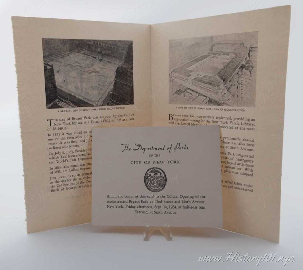 History101.NYC Acquires Original Invitations to 1934 Bryant Park Reopening #9