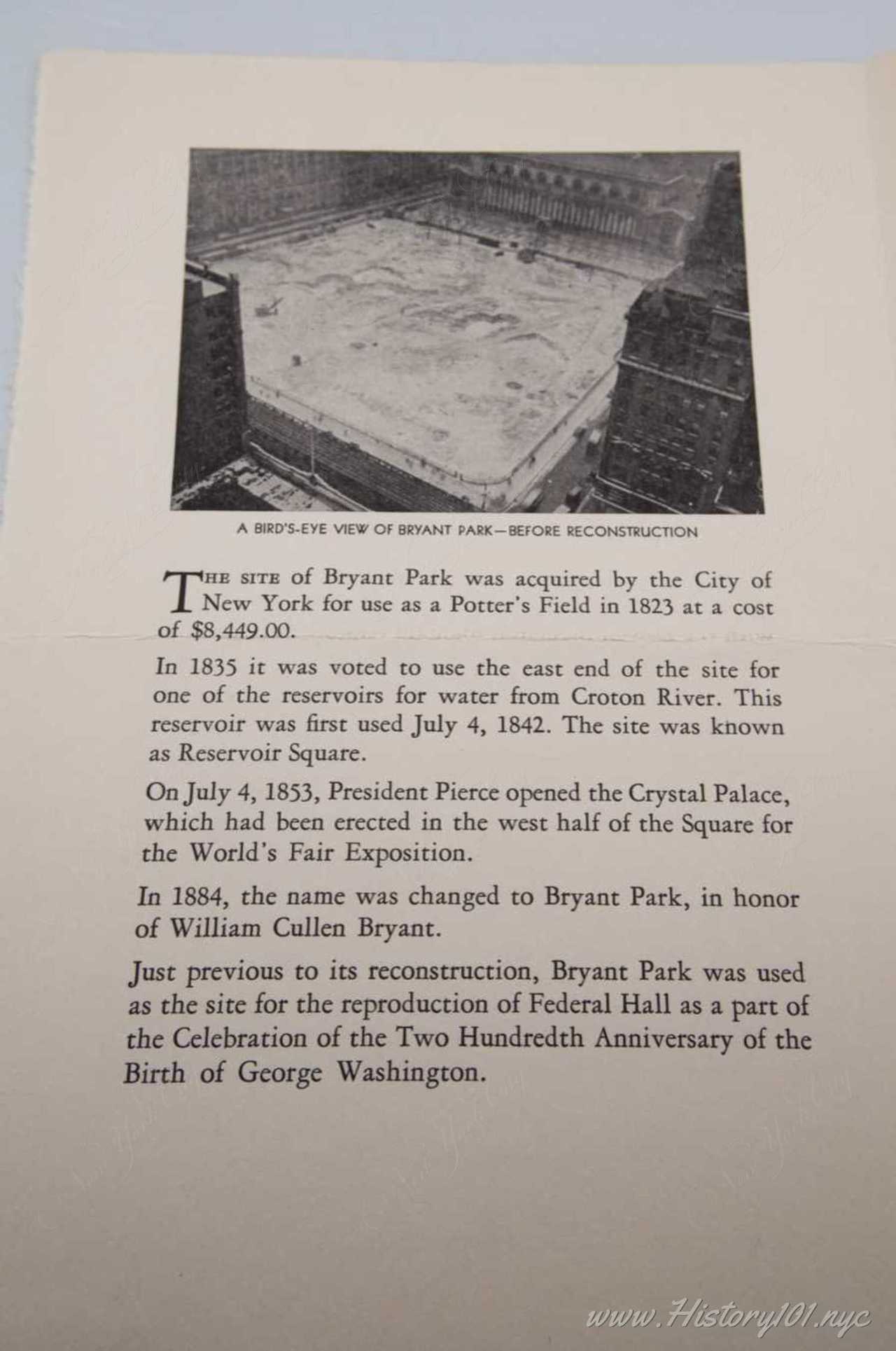 History101.NYC Acquires Original Invitations to 1934 Bryant Park Reopening #10