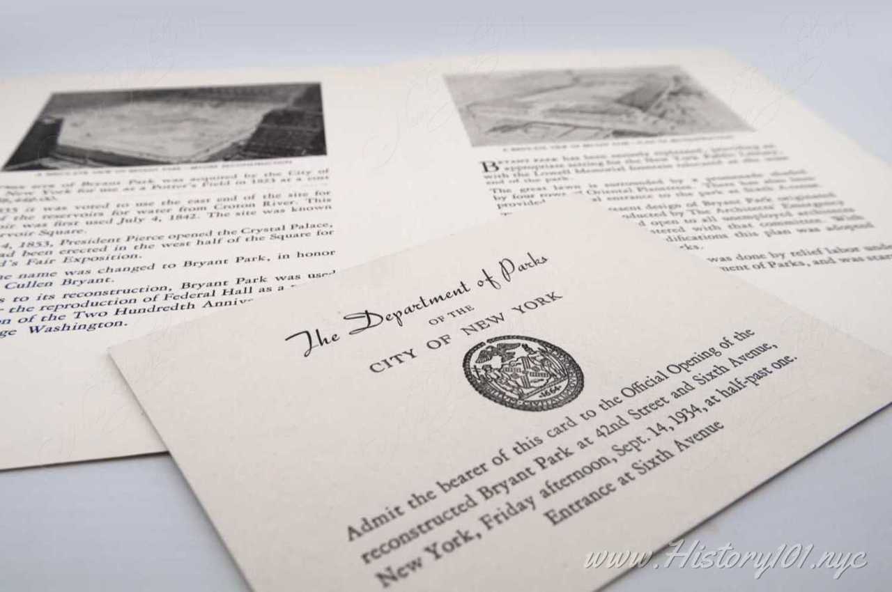 History101.NYC Acquires Original Invitations to 1934 Bryant Park Reopening #13