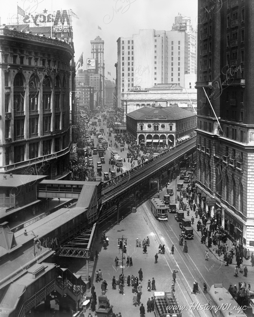 Aerial photograph of the Herald Square elevated railroad and Sixth Avenue near 34th Street.