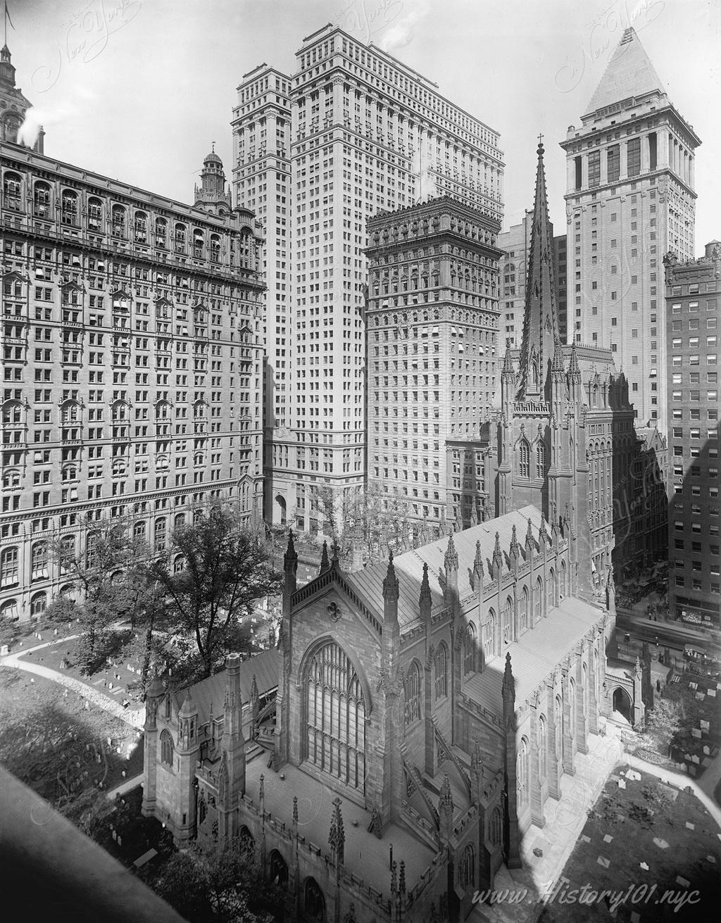Photograph of an elevated perspective of Trinity Church and its surrounding buildings.