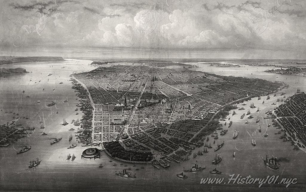 Discover NYC's 1850 transformation: A bustling port, cultural epicenter, and architectural marvel in this detailed aerial view