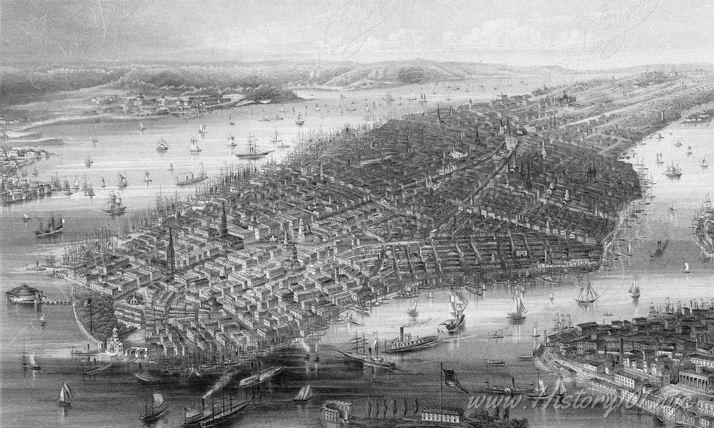 A bird's eye view of downtown Manhattan and New York Harbor with plenty of ships
