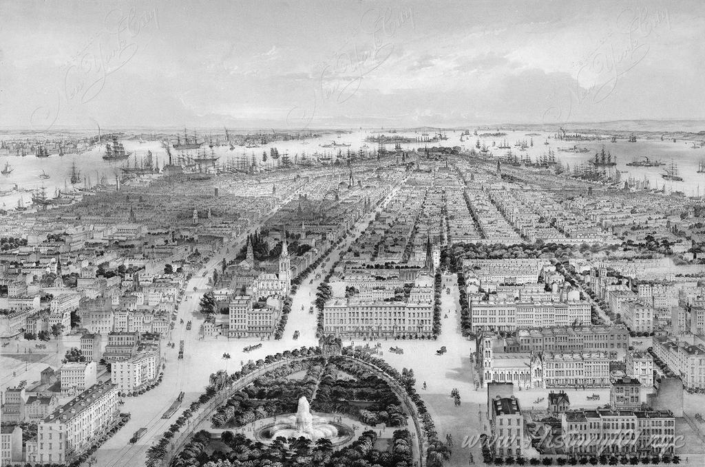 Black and white etching of Manhattan looking south from a bird's eye perspective. Union Square Park is visible in the foreground.