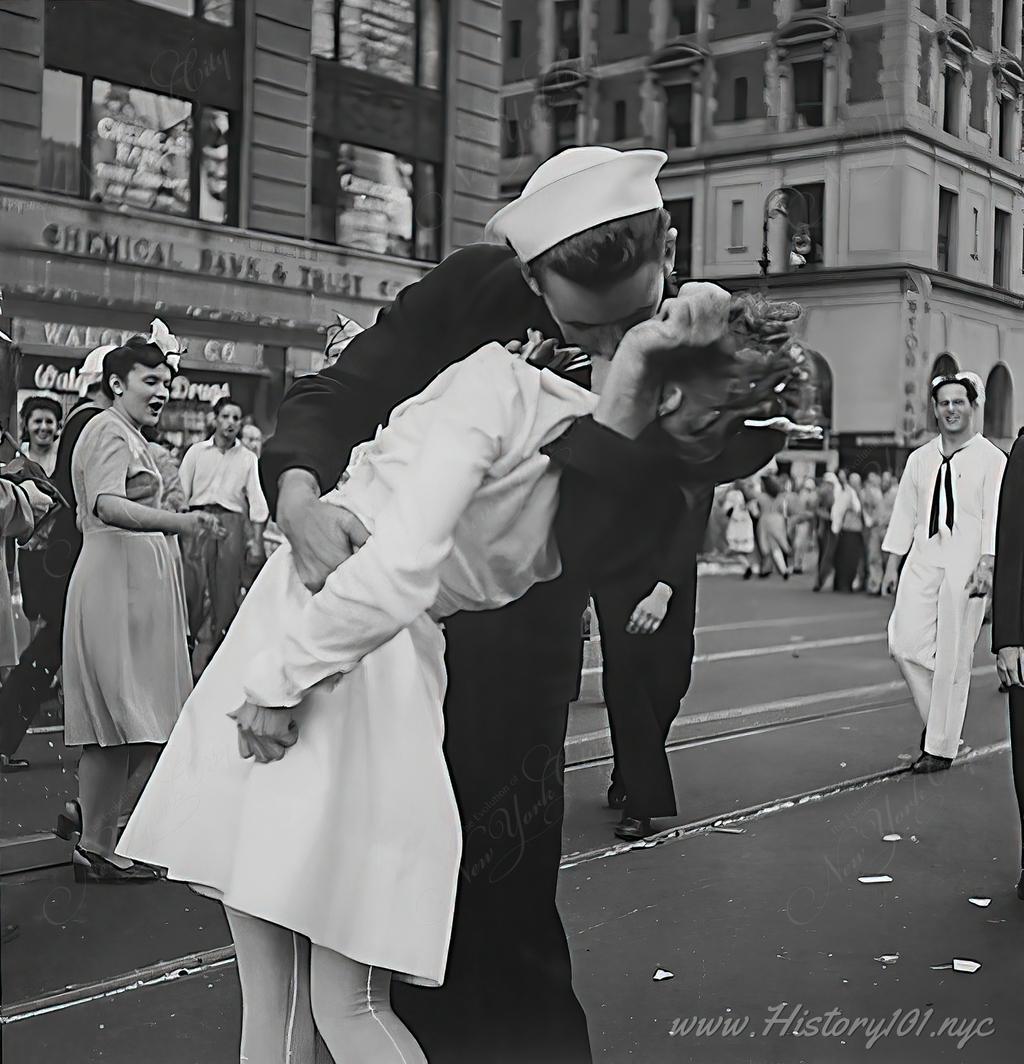 Discover the true story behind the iconic V-J Day kiss in Times Square, captured by Alfred Eisenstaedt on August 14, 1945