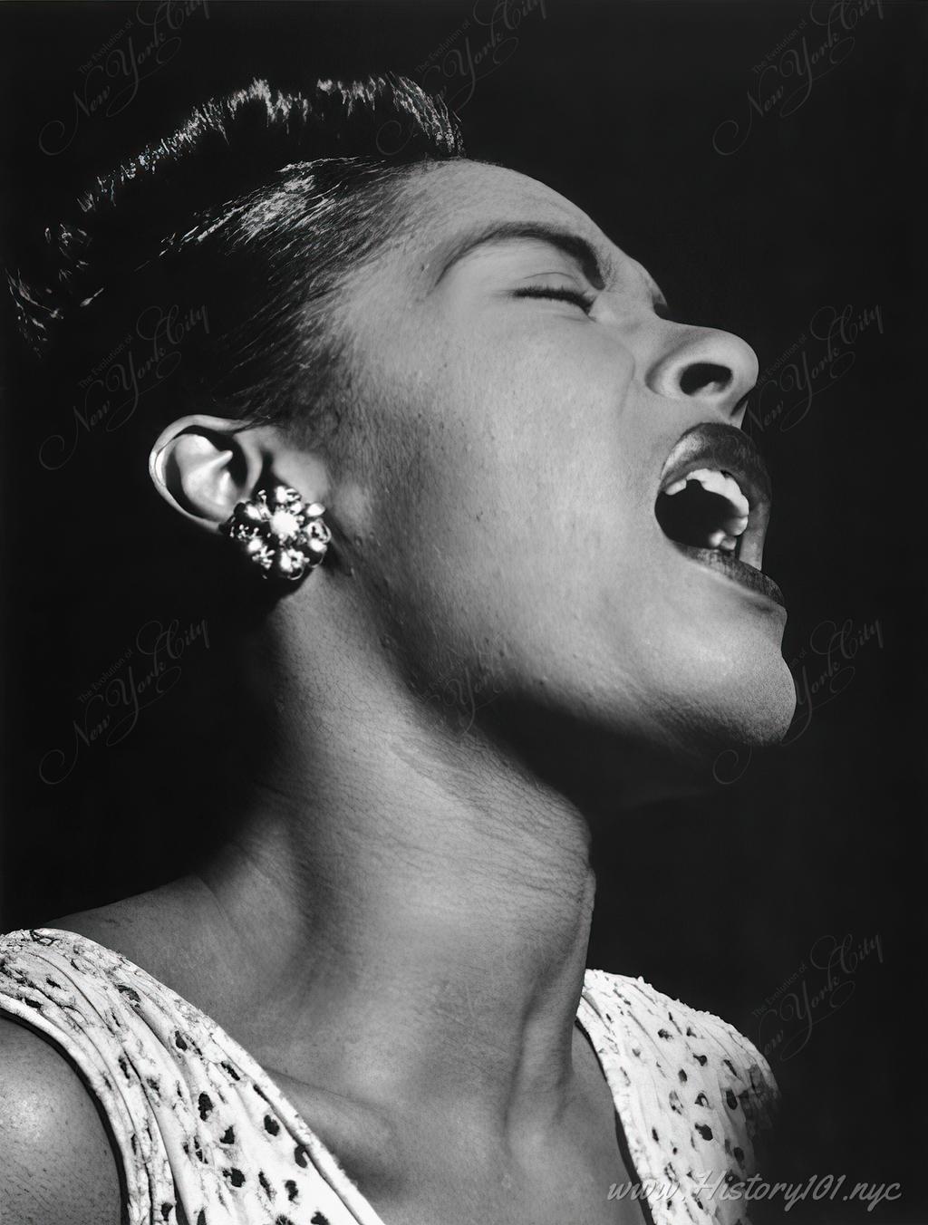 Discover Billie Holiday's influential 1947 jazz performance at Downbeat, immortalized in William P. Gottlieb's iconic photograph