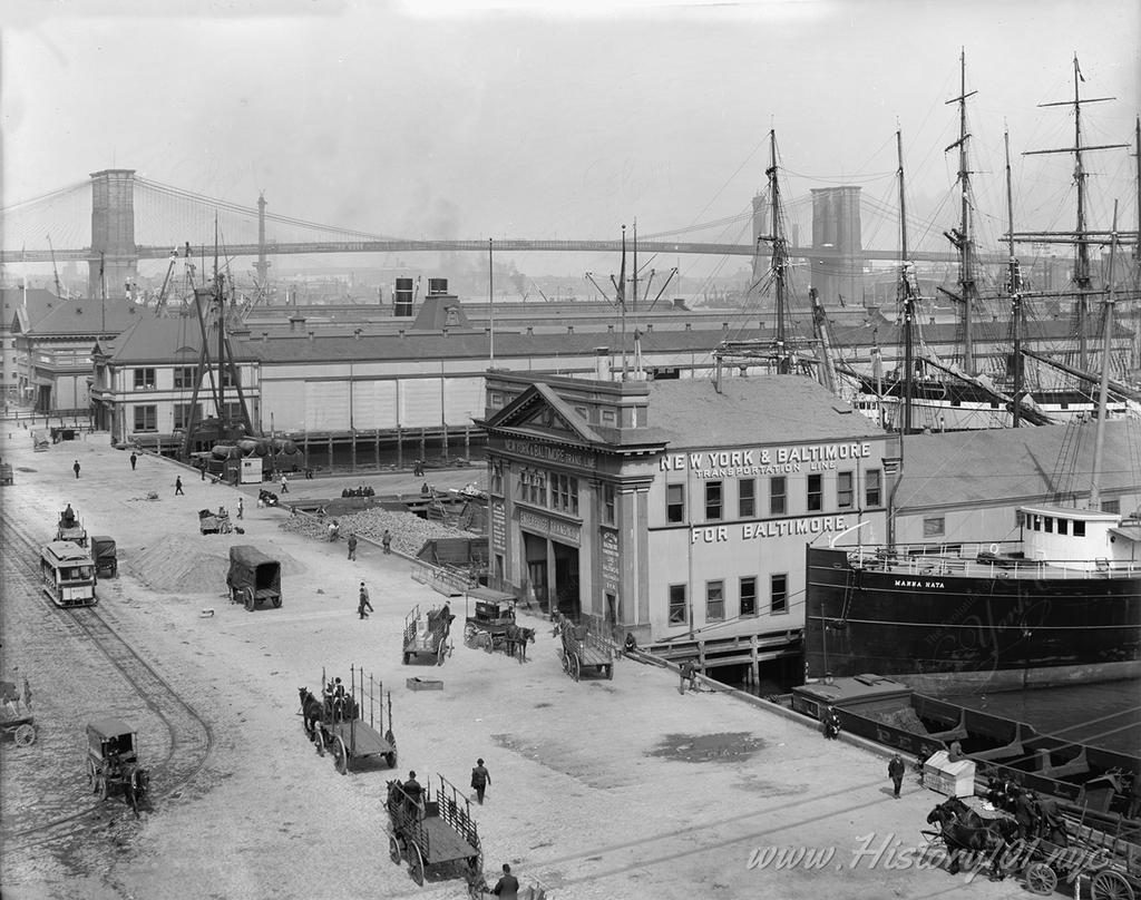 Aerial photograph  of South Street  Seaport with the East River and Brooklyn Bridge in the background.