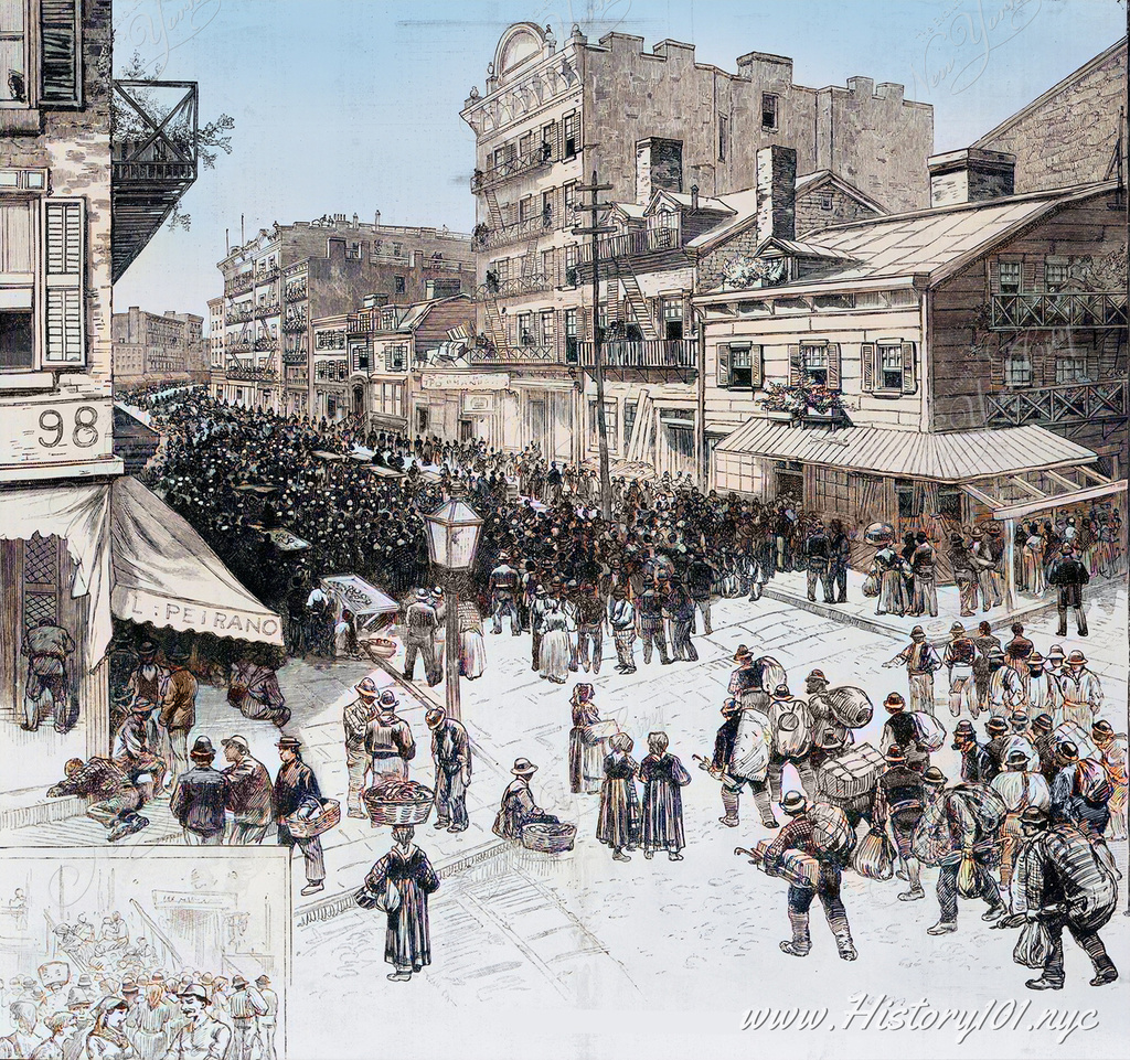 The illustration of a busy street scene at Mulberry Bend in New York City in 1888 captures the urban life of the era.