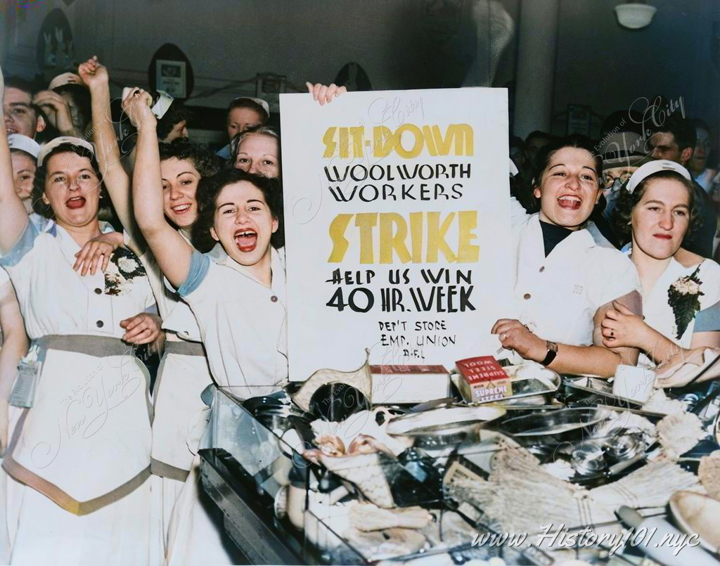 The image depicts a significant moment in American labor history, likely from the late 1930s or early 1940s. Female employees of F.W. Woolworth Company, one of the largest retail chains of the era, are shown engaging in a labor strike.