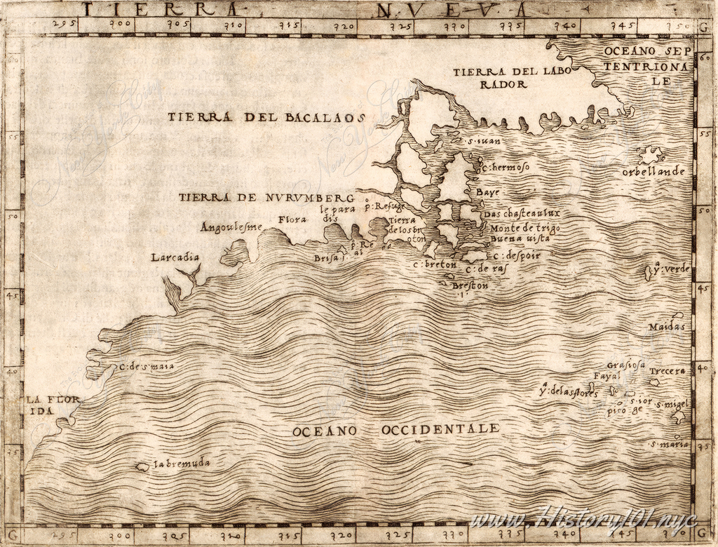 Discover the "Tierra Nueva" map by Giacomo Gastaldi, showcasing early depictions of North America's East Coast