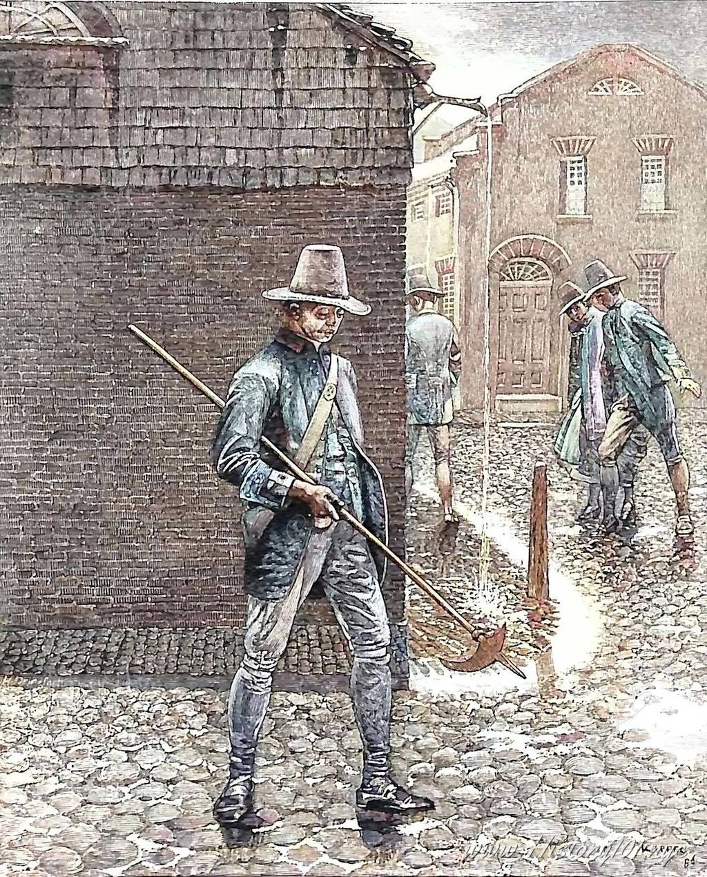 On a cobblestone street in colonial New York, a lone watchman makes his rounds. This early keeper of the peace, represents one of the first organized attempts at law enforcement in the growing port city. 