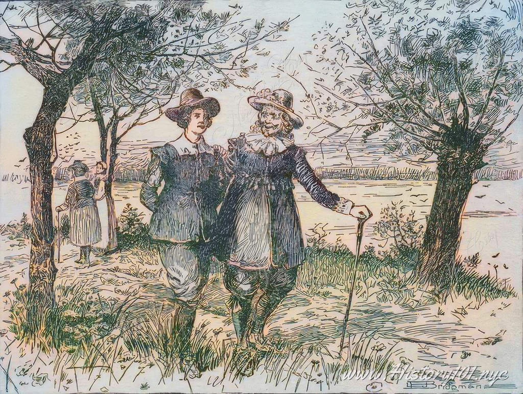 An illustration depicts two pairs of figures strolling along the East River, with the shores of Brooklyn and Queens visible in the distance.